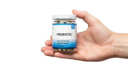 Probiotic supplements for gut health and digestive health advanced formula capsules held in hand isolated on transparent background