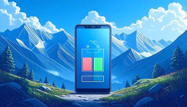 Smartphone display showing an app interface, framed by a scenic mountain landscape with a blue sky, fluffy clouds, and a green meadow path, creating a modern digital meets nature aesthetic - Powered by Adobe