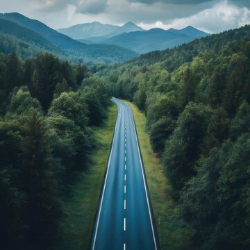 緑豊かな森林を抜ける道路の航空写真と遠くに山々が見える美しい風景