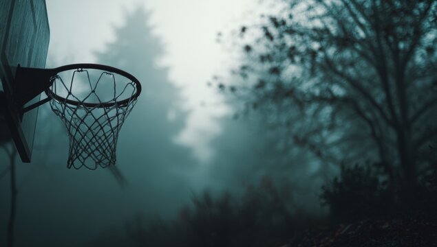 Basketball hoop in a misty outdoor setting