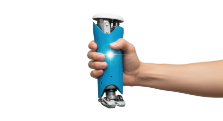 Hand holding advanced prosthetic limb technology for medical innovation and rehabilitation engineering design on transparent background