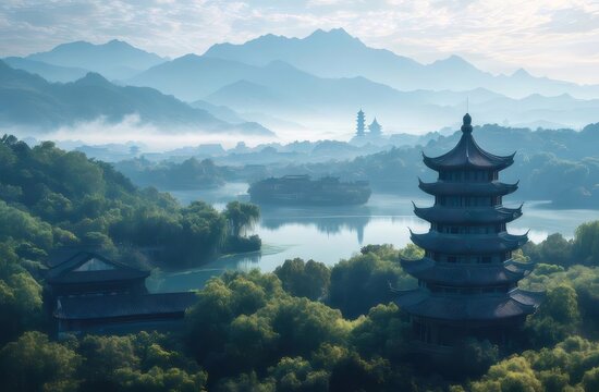 Tranquil Lake Landscape with Pagoda Structure Lush Greenery and Misty Mountains in Soft Blue Light