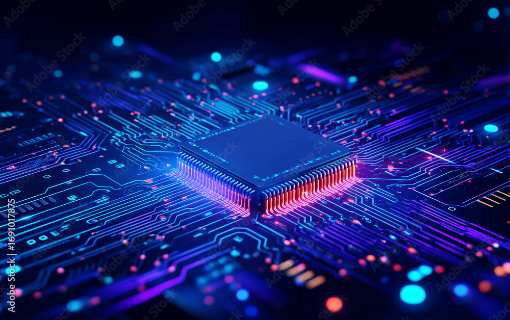 Poster close-up view of a modern computer circuit board with a microchip