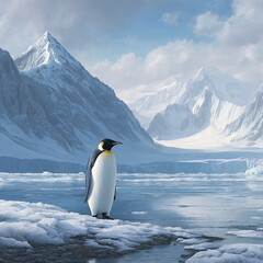 Obraz premium Majestic penguin stands alone in icy antarctic landscape with snow-capped mountains