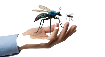 Futuristic insect drone technology concept hand holding ai robot insect drone black background concept on transparent background