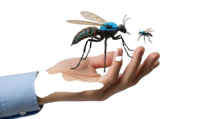 Futuristic insect drone technology concept hand holding ai robot insect drone black background concept on transparent background