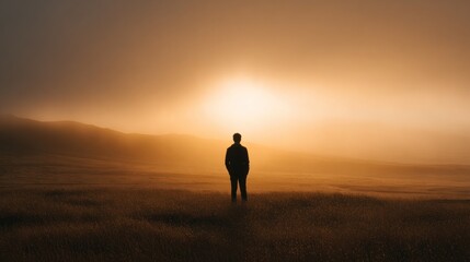 Fototapeta premium Silhouetted figure stands on a misty field at sunrise
