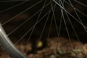 Fototapeta premium A detailed close-up shot of bicycle wheel spokes set against a blurred natural background. Perfect for cycling and outdoor themes.