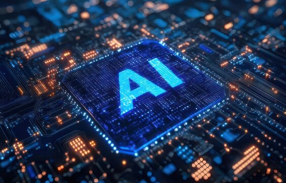 青色の人工知能文字が特徴の複雑な回路基板チップと青色とオレンジ色のライトのクローズアップ