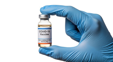 Naklejka premium Covid vaccine vial held by gloved hand for coronavirus vaccination and immunization healthcare concept on transparent background