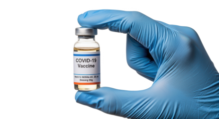 Covid vaccine vial held by gloved hand for coronavirus vaccination and immunization healthcare concept on transparent background