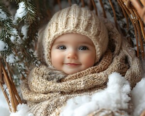 Adorable baby bundled in warm knitted hat and scarf resting in a snowy winter basket surrounded by pine branches