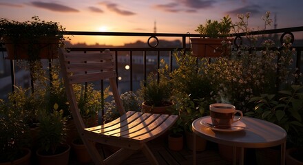 Fototapeta premium A tranquil balcony oasis bathed in the warm glow of sunset, offering a perfect escape with lush greenery and a comforting cup of coffee overlooking the city