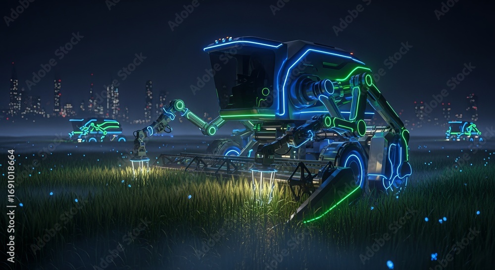 Aufkleber neon-lit robots in the field: cybernetic robots perform their tasks in the dimly lit field at night,