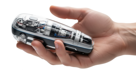 Detailed view of a futuristic device held in hand showcasing its intricate internal mechanisms and design on transparent background