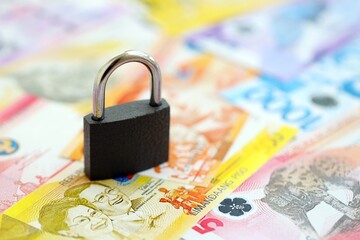 Philippines peso currency money bills and padlock. The concept of sanctions and financial safety
