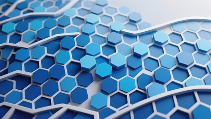 Obraz premium A multitude of interconnected blue hexagonal tiles forms an intricate and visually appealing pattern. The geometric shapes create a sense of depth. WALLPAPER