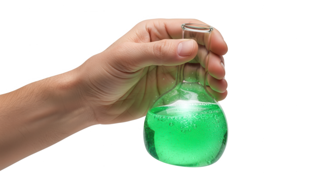 Hand holding green liquid in flask laboratory experiment science research chemistry test tube glassware on transparent background
