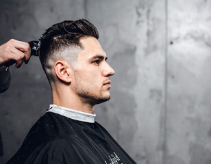 Stylish Haircut in Progress: A barber meticulously shapes a man's hair using electric clippers, showcasing a modern and stylish hairstyle.
