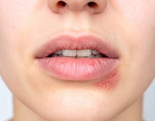 Naklejka premium Herpes Sore on Lip: Close-up of a person's lower lip showing the inflamed area of herpes simplex outbreak, capturing a sense of discomfort and concern. 