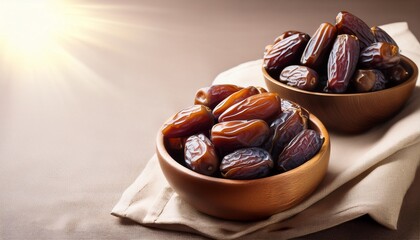 big luxury dried date fruit in bowls on a linen napkin date concept with empty copy space for text