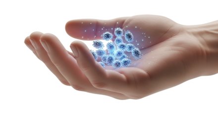 Hand holding virus cells research science microbiology medical healthcare disease infection treatment 3d on transparent background