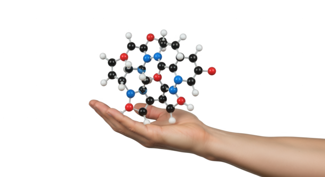 Molecule structure in hand science education chemistry research pharmaceutical compound organic chemistry model 3d on transparent background