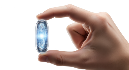 Hand holding futuristic technology capsule with glowing light advanced medical innovation concept on transparent background