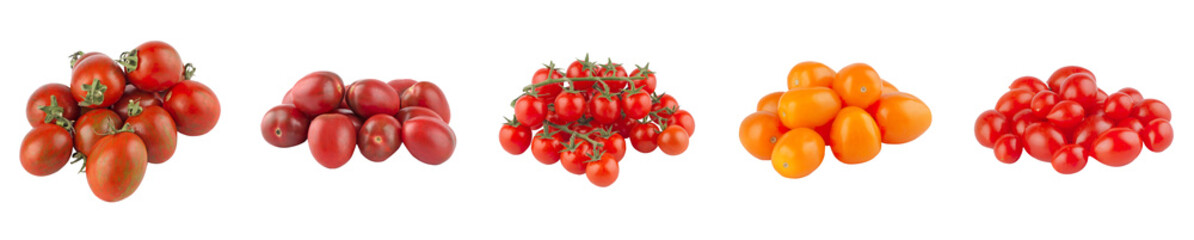 Spectrum of cherry tomatoes in yellow, pink, red, and chocolate tones, arranged in gradient line-up...