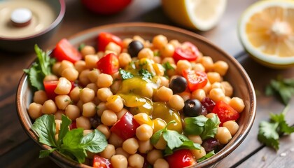 Fresh chickpea salad with tomatoes olives and parsley drizzled with dressing on a rustic wooden table