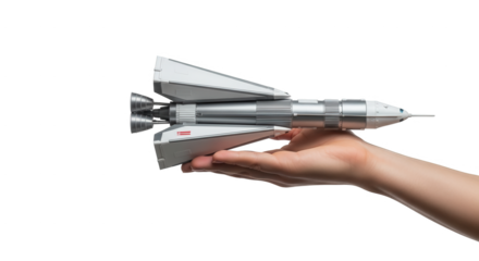 Rocket ship toy model in hand for space exploration and science fiction enthusiasts and collectors item on transparent background
