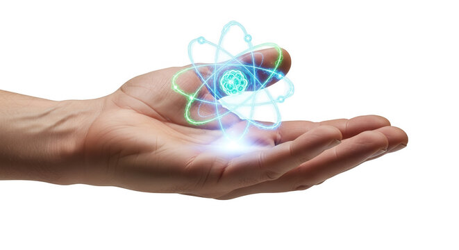 Concept of holding atom in hand for science technology research and development innovation idea 3d render on transparent background