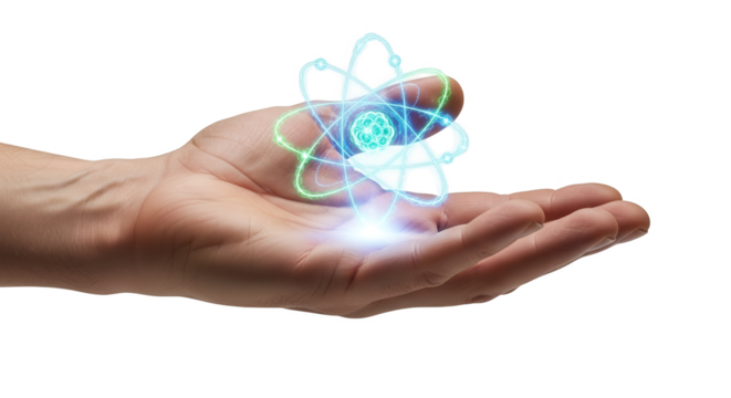 Concept of holding atom in hand for science technology research and development innovation idea 3d render on transparent background