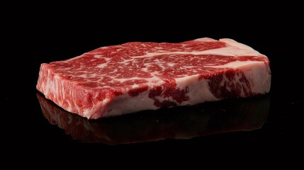 輝く赤と白の霜降り牛肉の切り身 黒背景上のタンパク質が豊富で新鮮なグルメ