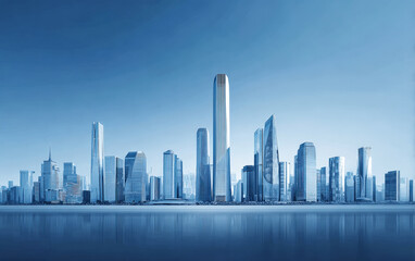 Fototapeta premium Modern city skyline with tall skyscrapers under clear blue sky