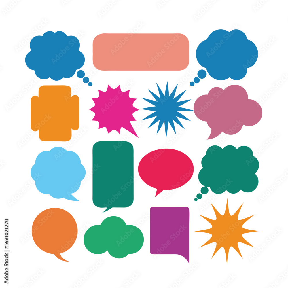 Poster collection of colorful speech bubbles and thought clouds in various shapes and sizes talk