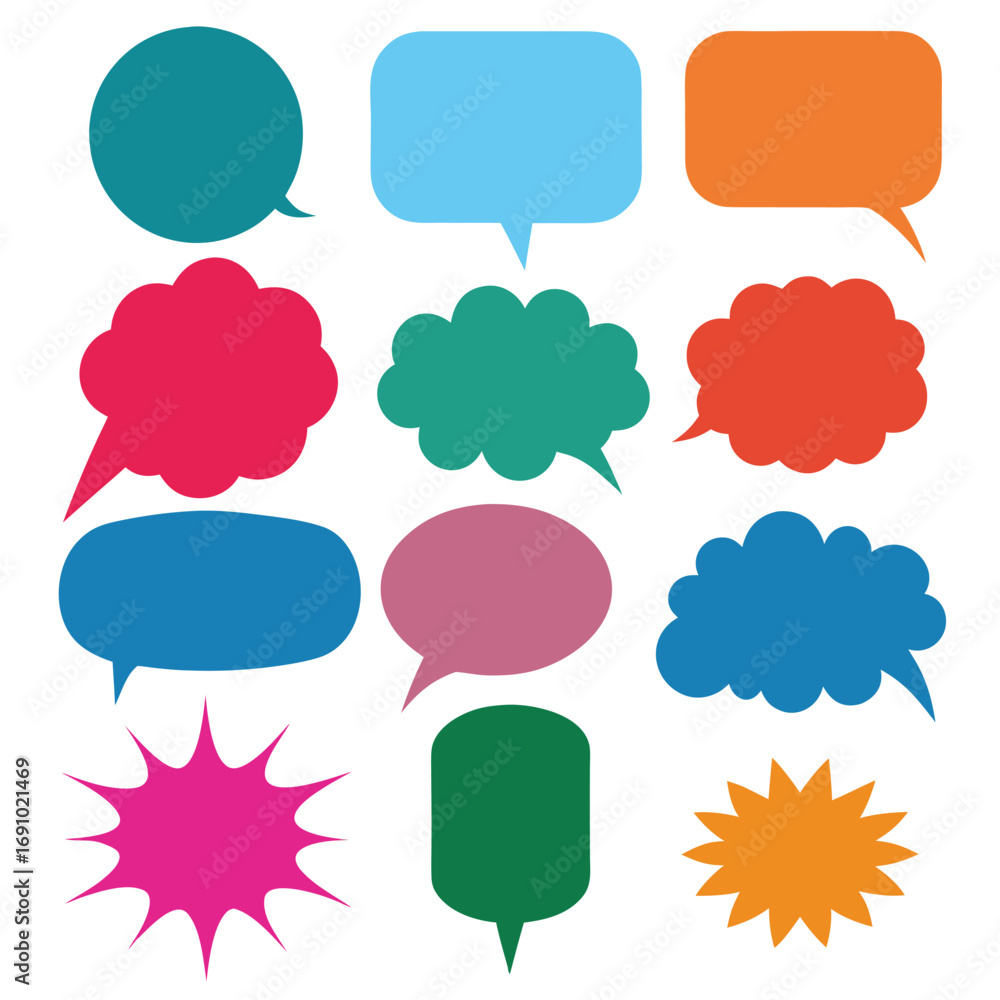 Poster collection of colorful speech bubbles and thought clouds on white background talk
