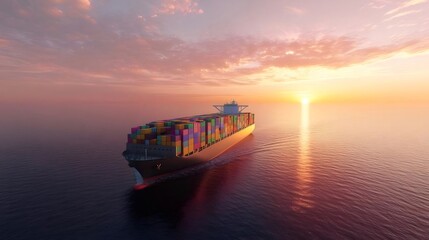 コンテナ船が海を航行し、輝く夕日を背に輸送し、グローバル貿易とロジスティクスを象徴しています