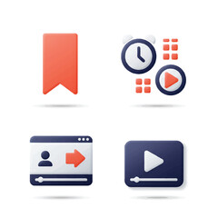 Flat Vector Icons Set: Watch Later Bookmark, Queue Clock, Resume Arrow, Saved Play for Enhanced Video Consumption UI