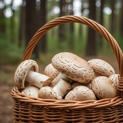 Fresh Mushrooms Closeup in Wicker Basket with Organic Texture and Natural Lighting