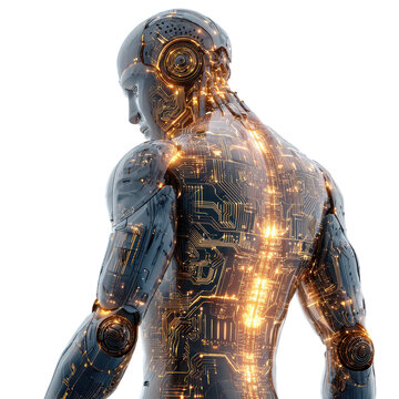 man with luminous lines tracing patterns on his back, isolated on transparent background