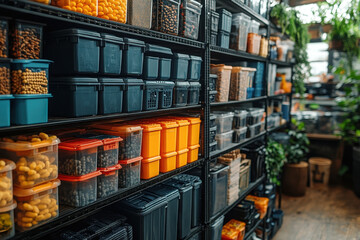 Containers fill a shelf.