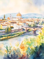 水彩画のフィレンツェの風景 アルノ川に架かる橋と大聖堂のあるイタリアの都市の遠景