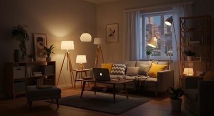 Cozy Modern Living Room at Dusk with City View