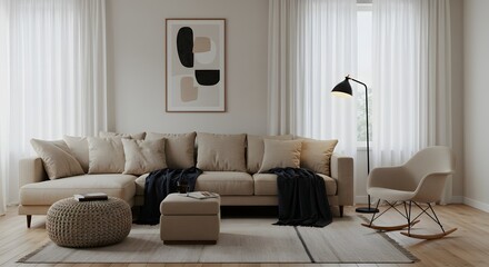 Cozy Modern Living Room with Beige Sofa, Rocking Chair, and Abstract Art