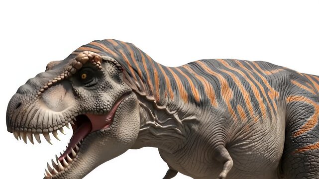 A Tyrannosaurus Rex with an open mouth and visible teeth, featuring a striped pattern on its skin, isolated on a white background.