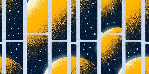 Abstract geometric pattern with glowing yellow orbs and speckled dark background