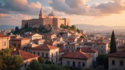 Fototapeta premium ギリシャの街の穏やかな風景 オレンジ色の屋根のある家々 丘の上に古代の要塞と暖かい夕日