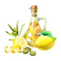 Watercolor composition of lemons and green olive branch isolated on a white background.