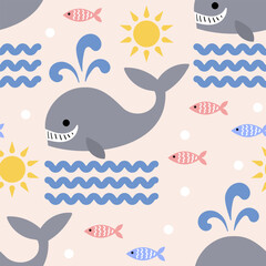 Seamless pattern - cartoon blue whales and fish with waves on pink background. For children's fabric design, wallpaper, backgrounds, prints, posters, scrapbooking, etc. Vector